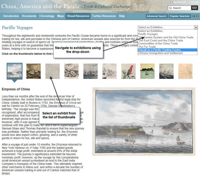 Online Exhibitions page with navigation tools highlighted.